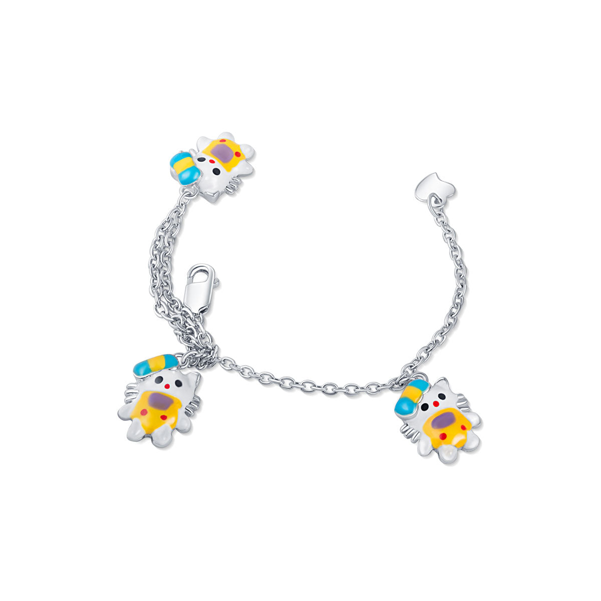 Experience luxury and comfort with our Yellow Dress Kitty Charms Sterling Silver Bracelet for Babies. Made with Sterling silver, this bracelet is comfortable for babies aged 1.5 to 2 years. Adorned with precious enamel-finished hello kitty charms, it's the perfect gift for your little one. Its silver finish adds a touch of elegance.