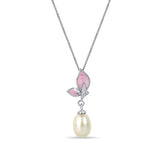 Pink Flying Butterfly 925 Sterling Silver 3-piece Sets for Women with White Hanging Pearl