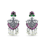 Fine 925 Sterling Silver Dangler earrings for women with oxidised finish, Emerald and rubies  studded with pearl drop hangings