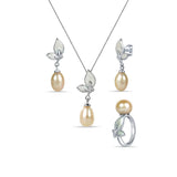 Flying Butterfly 925 Sterling Silver 3-piece Sets for Women with White Hanging Pearl