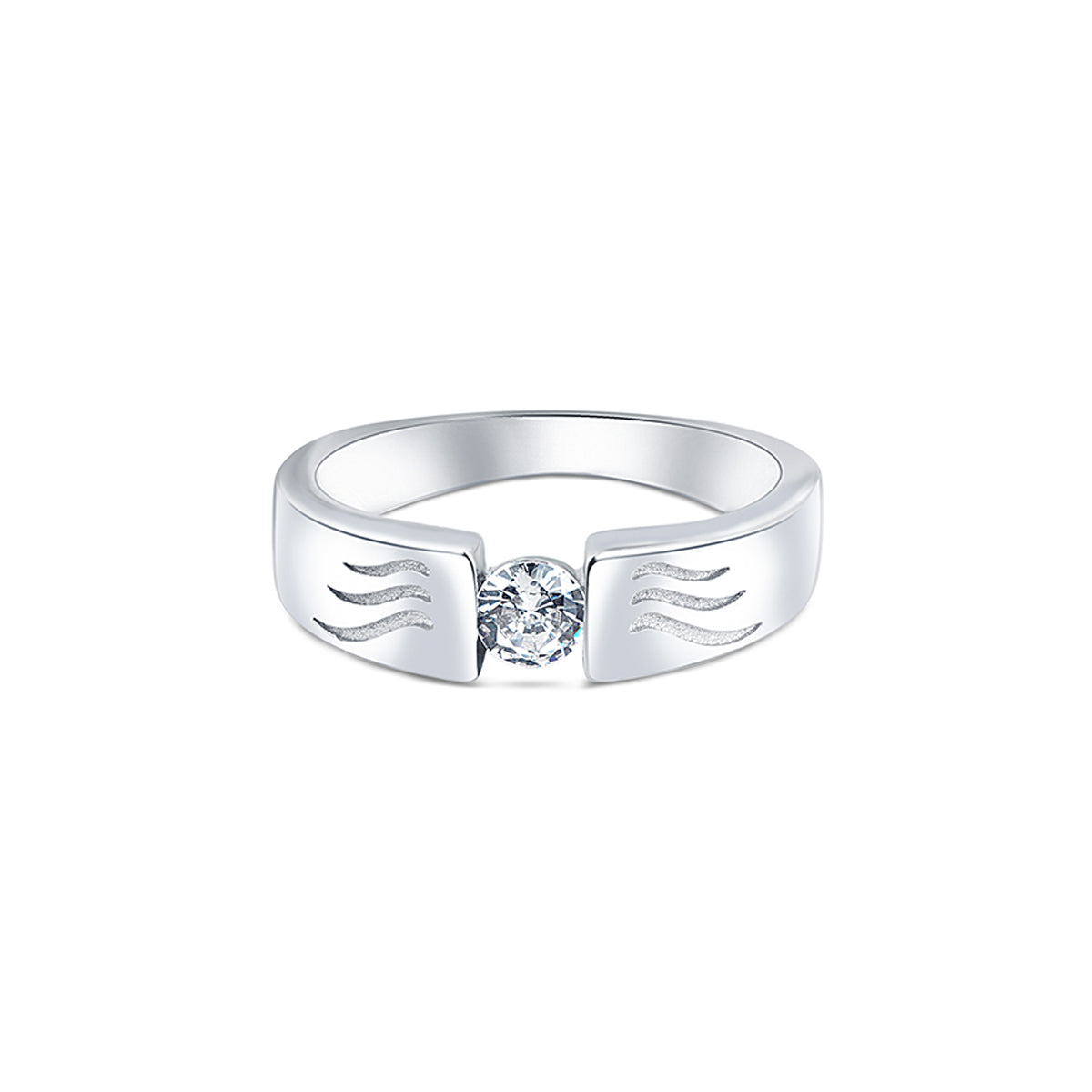 This sterling silver band features a unique wave design engraved with sparkling round zirconia, making it a stylish and versatile accessory for everyday wear. Crafted with a rhodium finish, it is a thoughtful gift option for men.