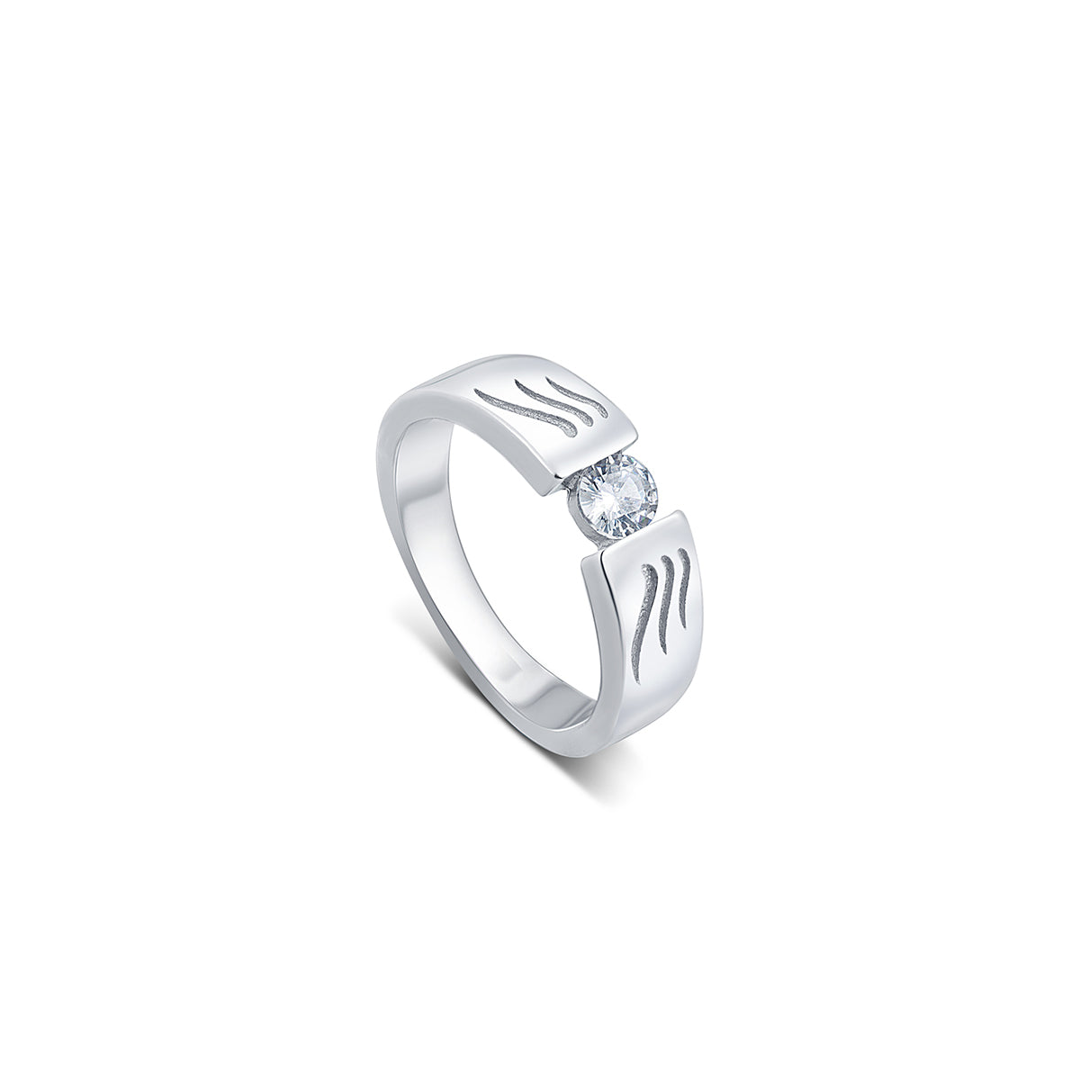 This sterling silver band features a unique wave design engraved with sparkling round zirconia, making it a stylish and versatile accessory for everyday wear. Crafted with a rhodium finish, it is a thoughtful gift option for men.