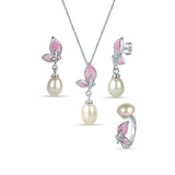 Pink Flying Butterfly 925 Sterling Silver 3-piece Sets for Women with White Hanging Pearl