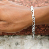 Silver chain bracelet on a wrist with a blurred background