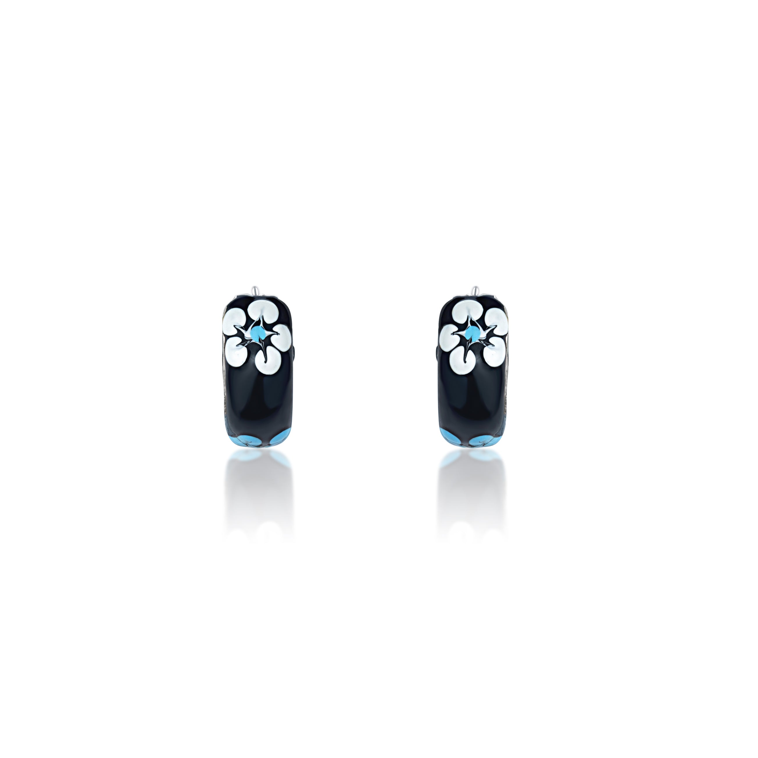 92.5 sterling silver hoops/baali with enamel and printed flowers finished in silver and hinged back closure