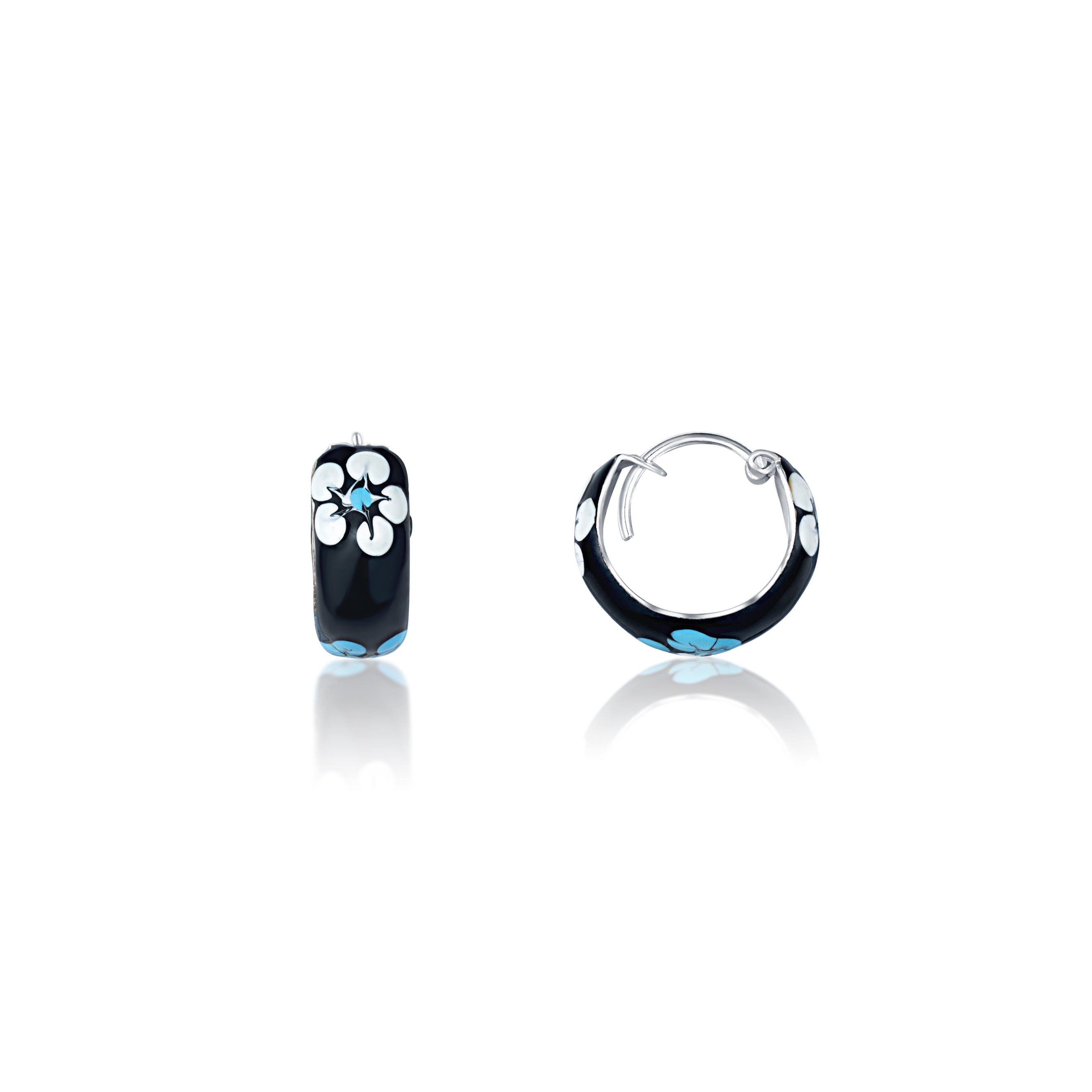 92.5 sterling silver hoops/baali with enamel and printed flowers finished in silver and hinged back closure