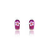 92.5 sterling silver hoops/baali with purple enamel and yellow printed flowers finished in silver and hinged back closure