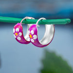 92.5 sterling silver hoops/baali with purple enamel and yellow printed flowers finished in silver and hinged back closure