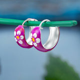 92.5 sterling silver hoops/baali with purple enamel and yellow printed flowers finished in silver and hinged back closure