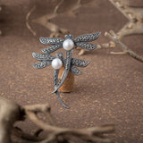 Two Dragonflies Silver Brooch with Pearl for Women