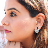 92.5 Sterling silver Moon motif Dangler earrings  oxidized finish and blue color stone studded with marcasite