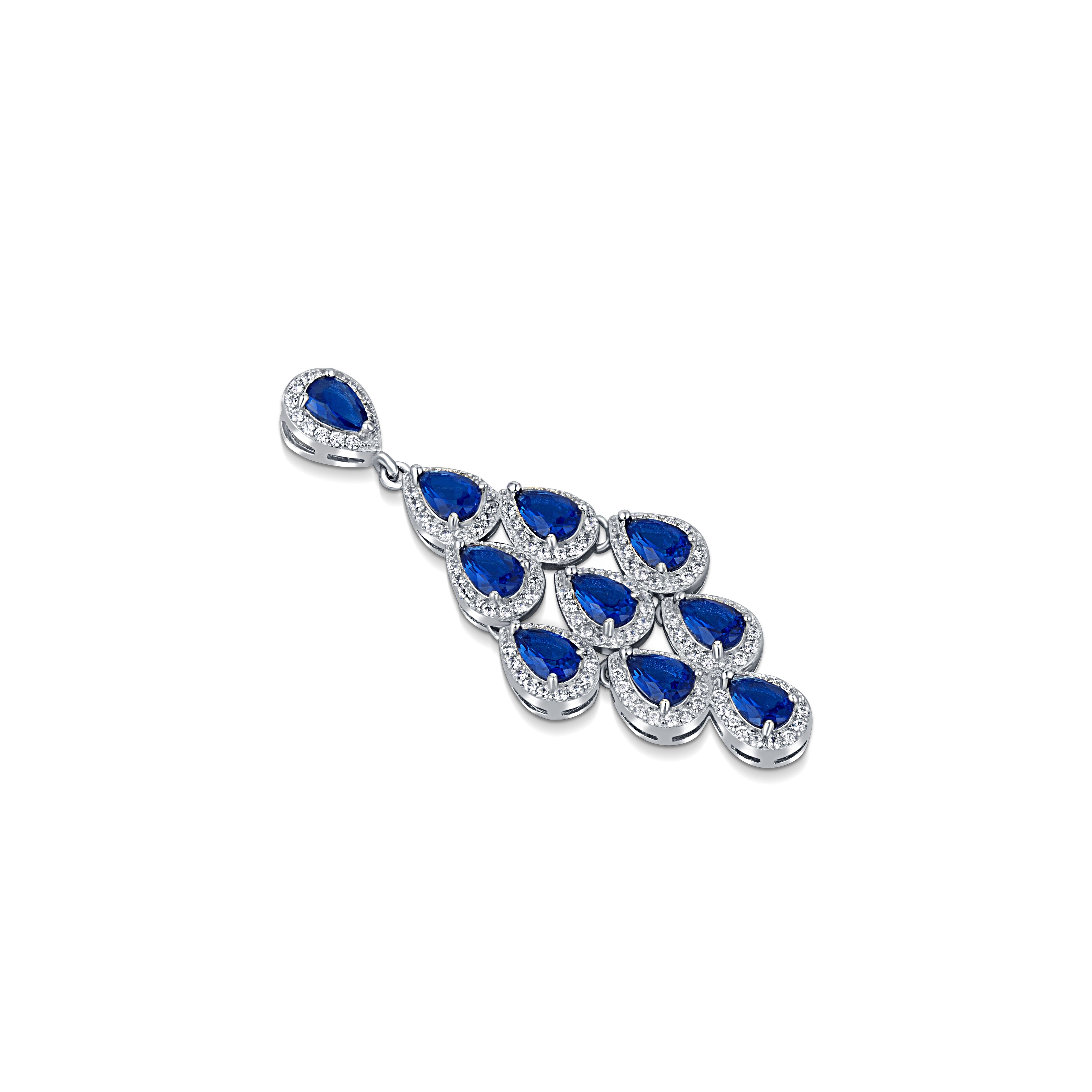 92.5 sterling silver sparkling pendant studded with zirconias and blue color drop shape stones from cocktail jewelry