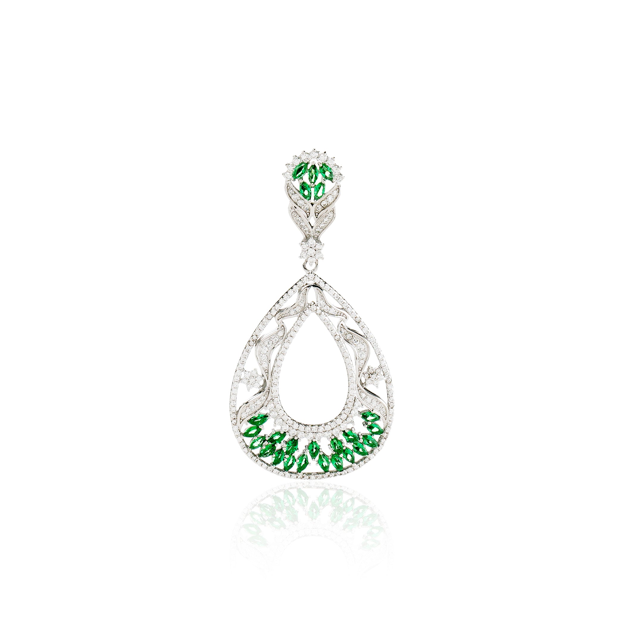 92.5 sterling silver pendant studded with white and green zirconias in the shape of drop