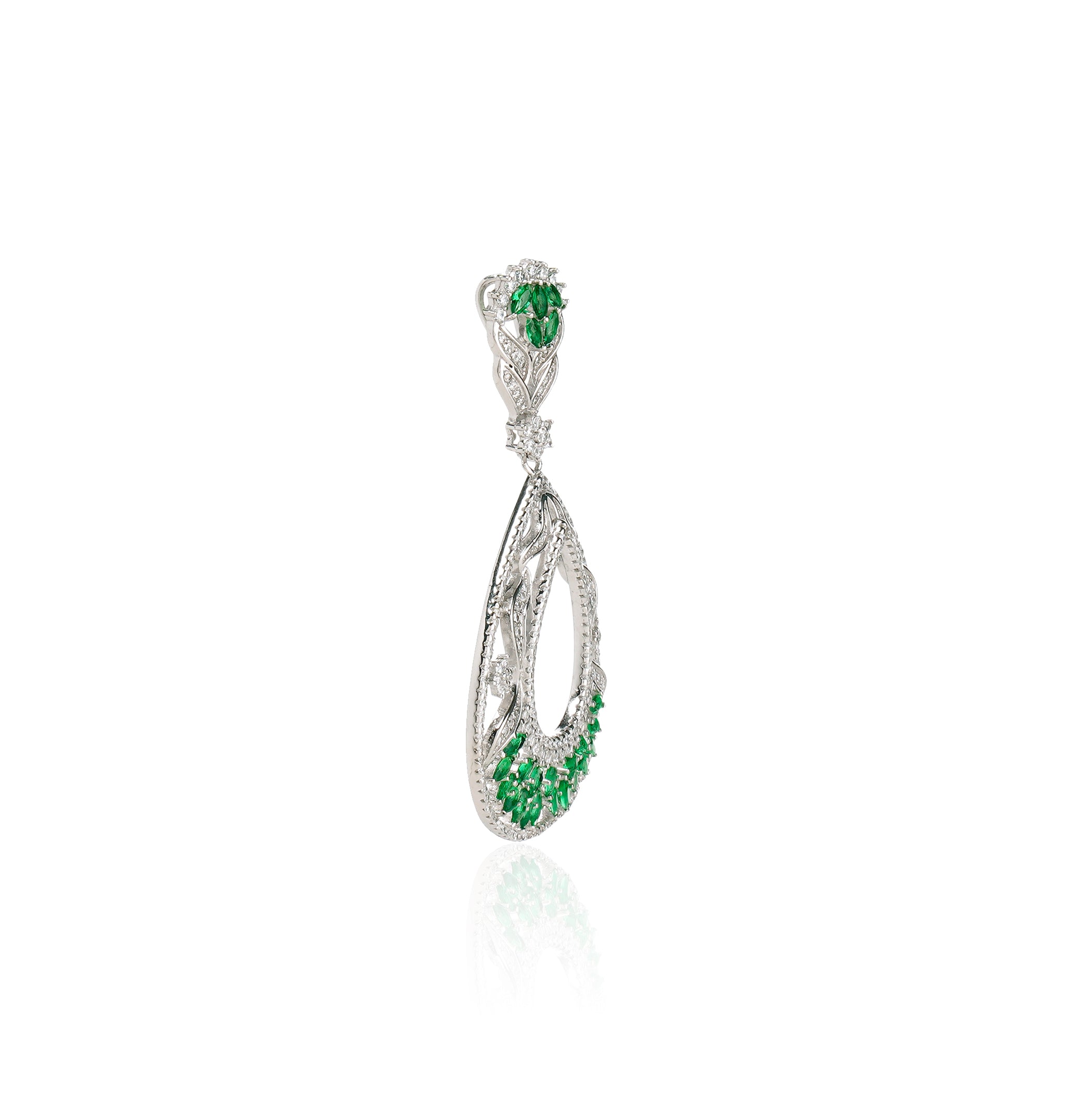 92.5 sterling silver pendant studded with white and green zirconias in the shape of drop