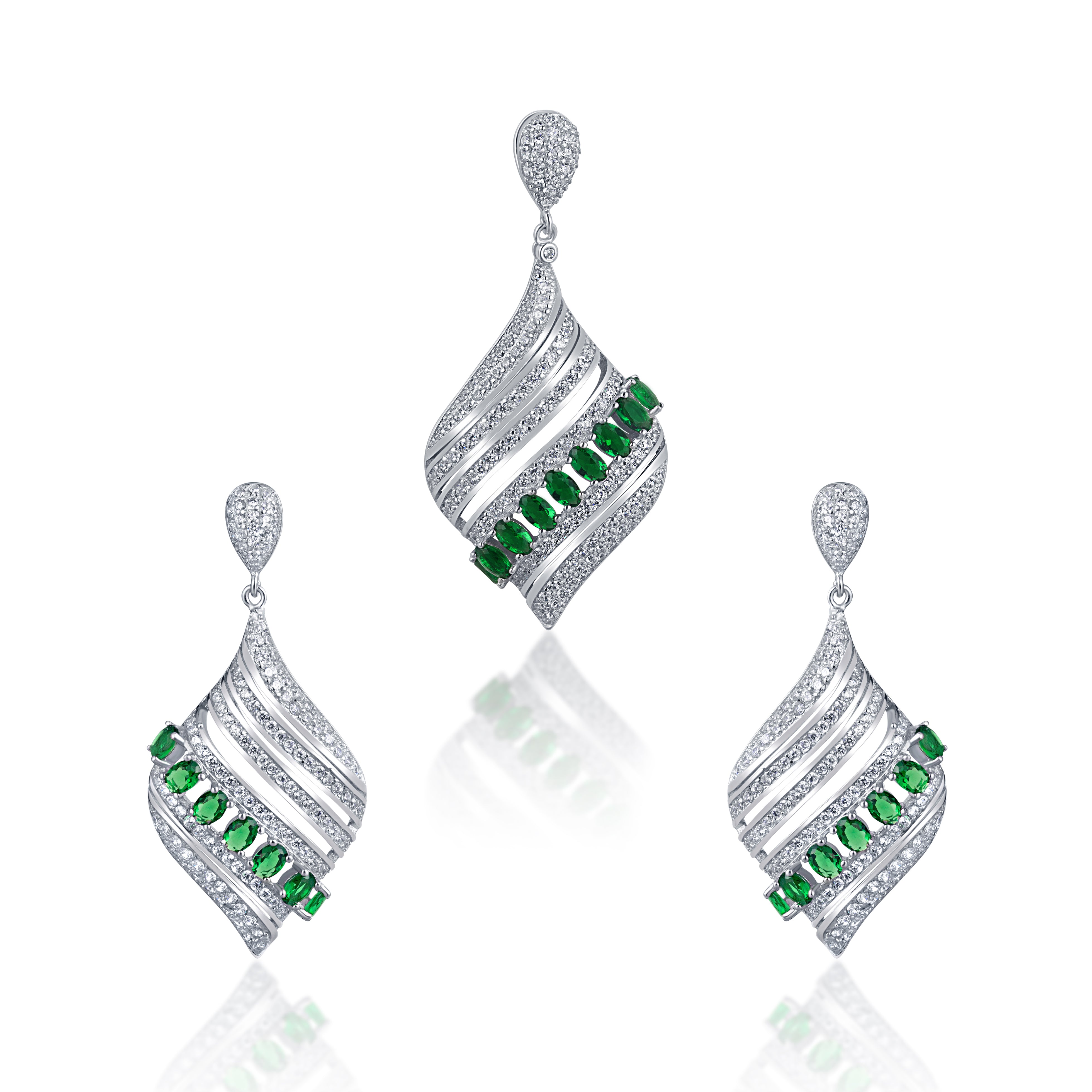 92.5 sterling silver pendant earring set for women studded with zirconias and green color marquise shape stones