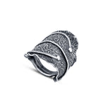 92.5 sterling silver contemperory statement ring in a leaf pattern is finished in oxidized