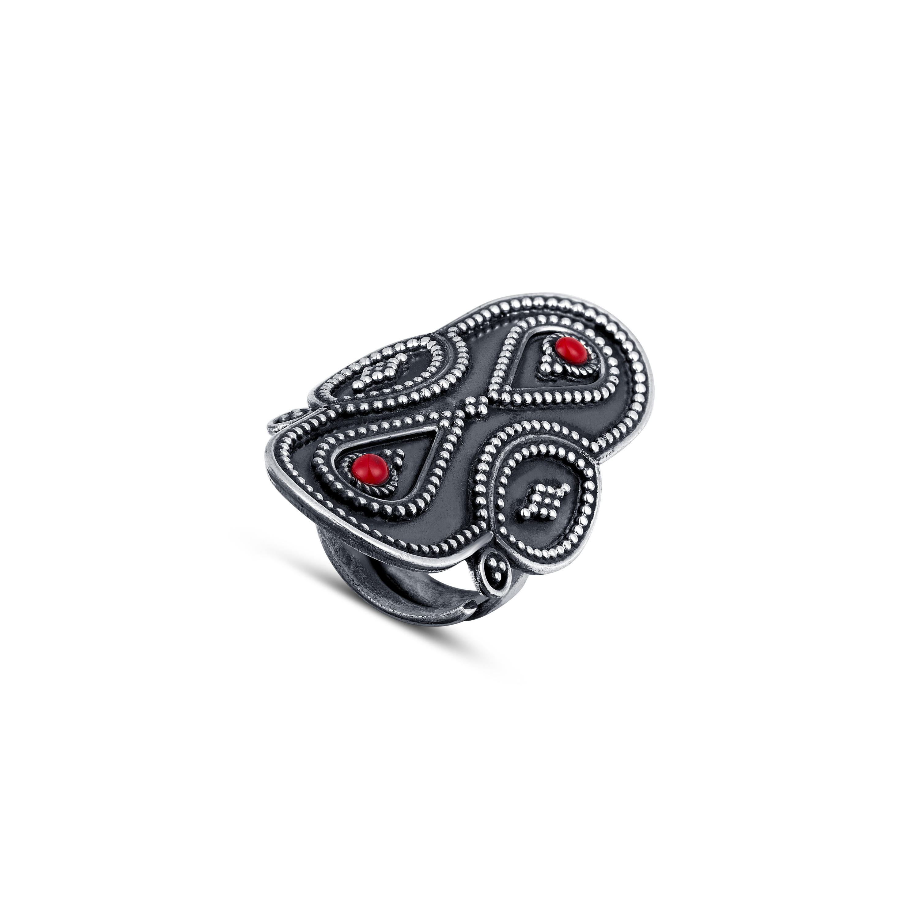 92.5 sterling silver bohomian style oxidised ring studded with synthetic corals and rawa work