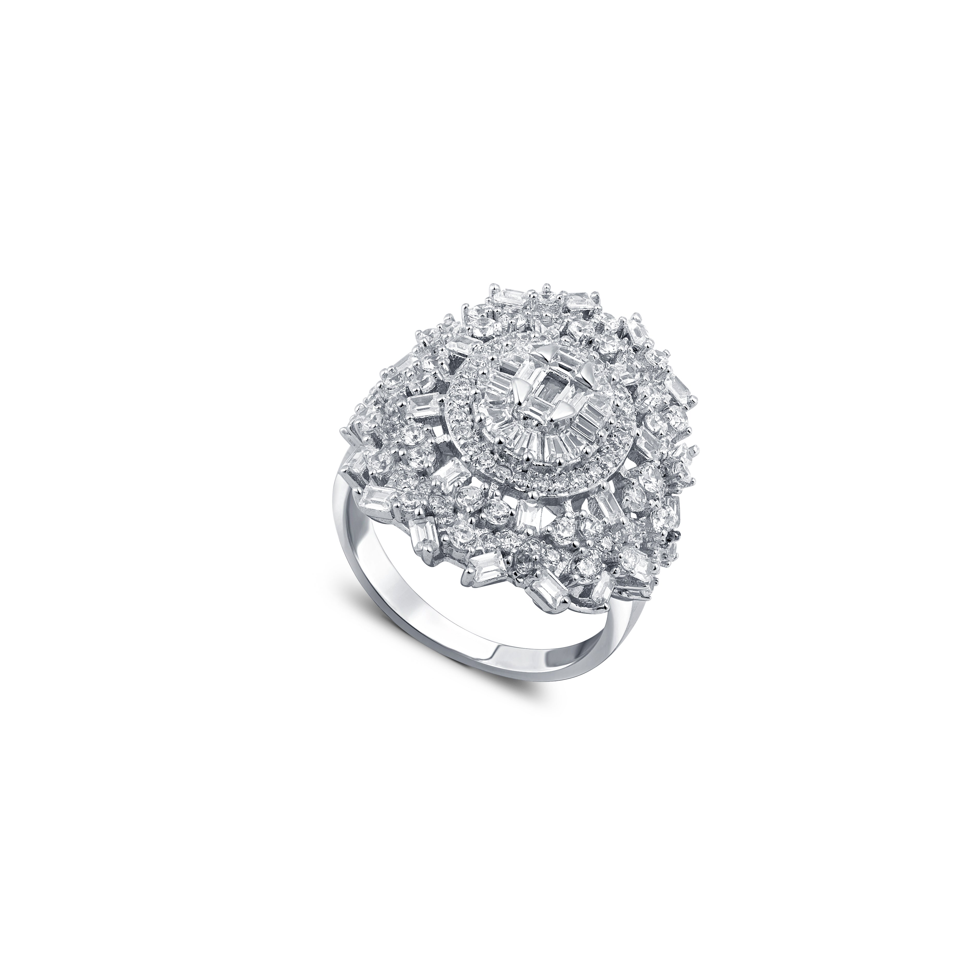 92.5 sterling silver cocktail ring studded with zirconias and finished in rhodium plating