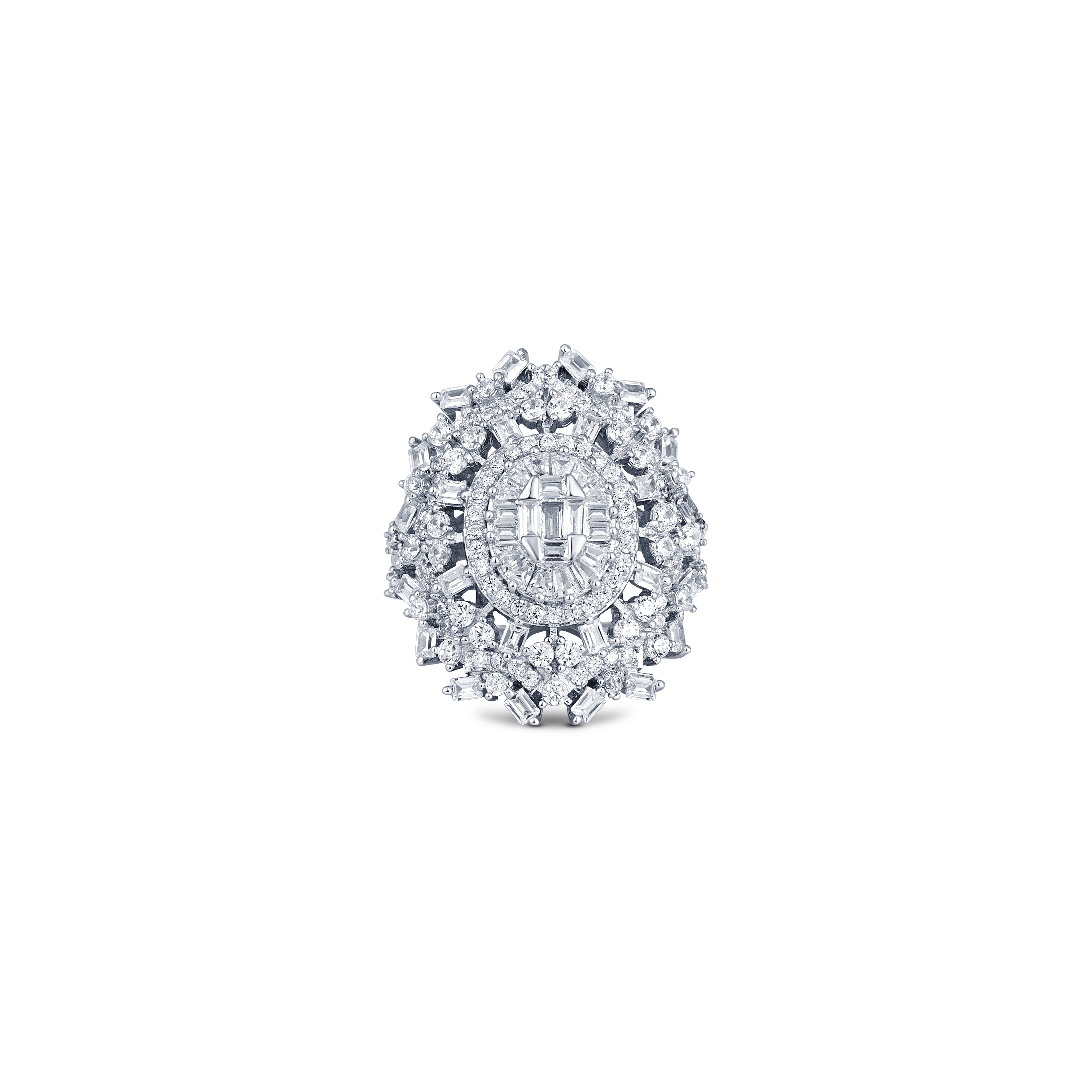 92.5 sterling silver cocktail ring studded with zirconias and finished in rhodium plating
