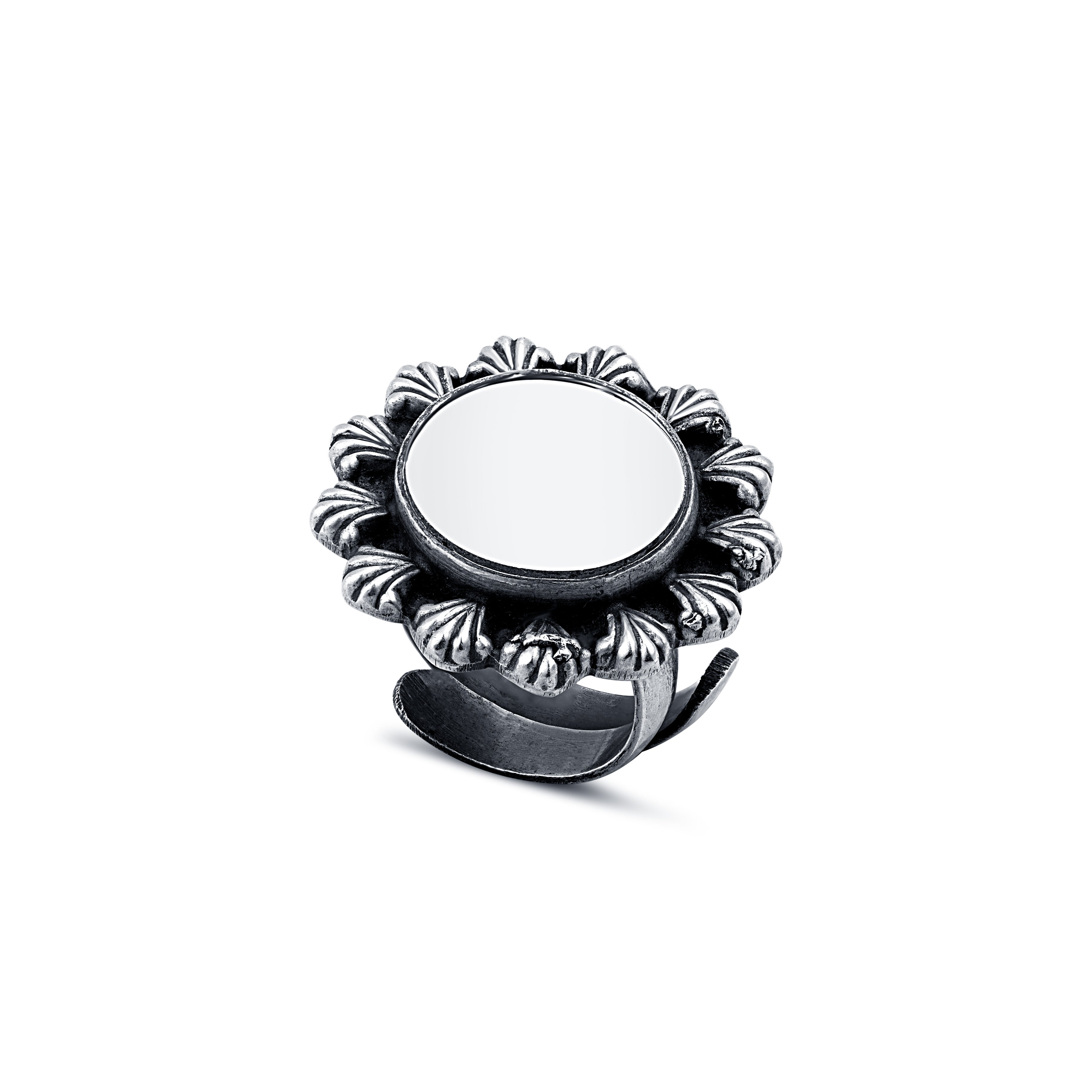 92.5 sterling silver mirror round shape ring with oxidized finish