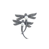 Two Dragonflies Silver Brooch with Pearl for Women