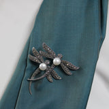 Two Dragonflies Silver Brooch with Pearl for Women