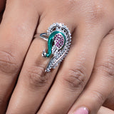 Mayurika Silver Ring for Women with Green Enamel and Zirconia