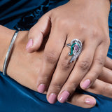 Mayurika Silver Ring for Women with Green Enamel and Zirconia