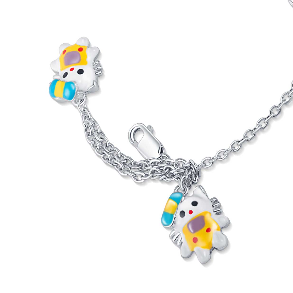 Experience luxury and comfort with our Yellow Dress Kitty Charms Sterling Silver Bracelet for Babies. Made with Sterling silver, this bracelet is comfortable for babies aged 1.5 to 2 years. Adorned with precious enamel-finished hello kitty charms, it's the perfect gift for your little one. Its silver finish adds a touch of elegance.