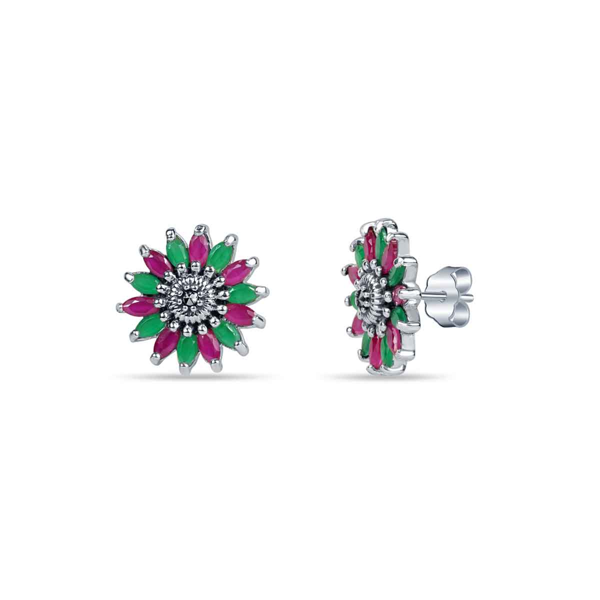 Enhance your style with these elegant Color Bloom 925 sterling silver studs. Intricately designed with ruby emerald and marcasite featuring a floral shape, these oxidized earrings are perfect for everyday wear. Sterling silver ensures durability and adds a touch of sophistication to your look.