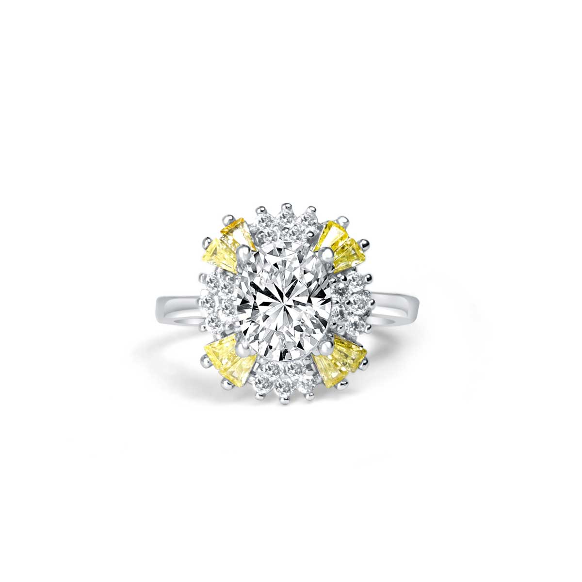 Experience the beauty and elegance of our Yellow Glare Silver Ring, featuring a sparkling big oval zirconia surrounded by stunning yellow and clear zirconia. Made with high-quality sterling silver, this ring will add a touch of glamour to any outfit. Elevate your style with this eye-catching piece.