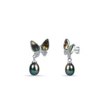 Black Gliding Butterfly 925 Sterling Silver 3-piece Sets for Women with Black Hanging Pearl