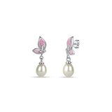 Pink Flying Butterfly 925 Sterling Silver 3-piece Sets for Women with White Hanging Pearl