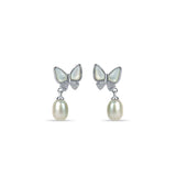 White Gliding Butterfly 925 Sterling Silver 3-piece Sets for Women with White Hanging Pearl