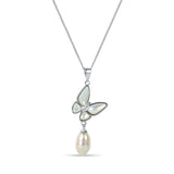 White Elegant Butterfly 925 Sterling Silver 3-piece Sets for Women with White Hanging Pearl