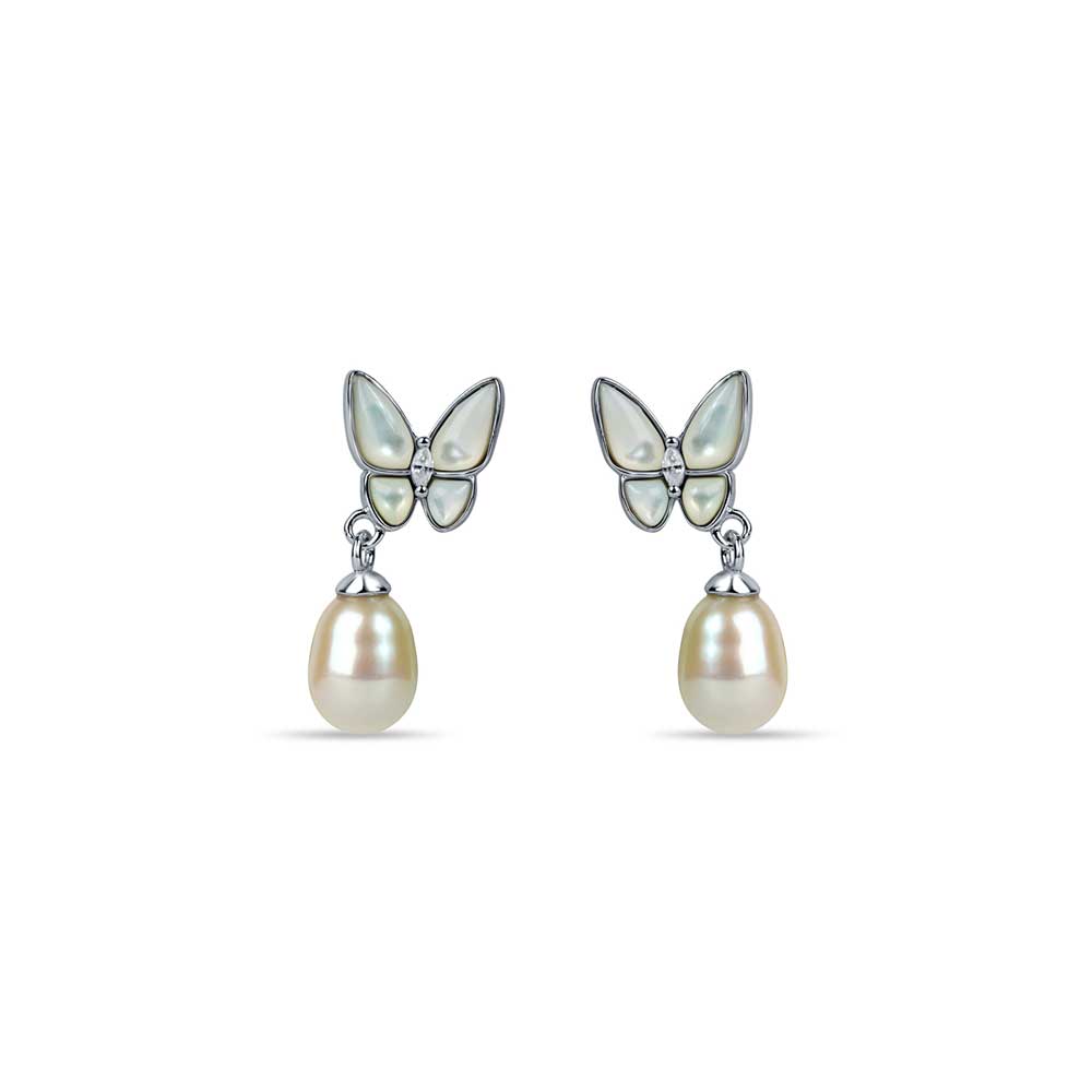 This White Elegant Butterfly 925 Sterling Silver 3-piece Sets for Women with White Hanging Pearl is an exquisite addition to any woman's jewelry collection. Made with shiny sterling silver and adorned with lustrous mother of pearl, this set includes a pendant, earrings, and ring - all featuring a delicate and elegant butterfly design. Add a touch of elegance to your style with this beautiful 3-piece set.