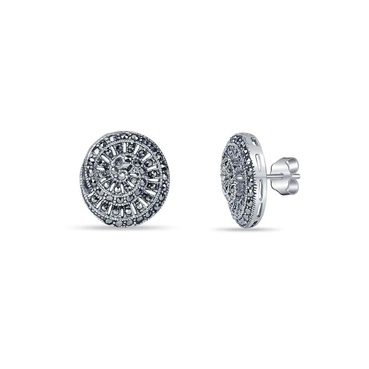Pure Sterling silver studs earring for women in oxidised finish, Maracsite studded.  Features Spiral design this earring is perfect for everyday wear.