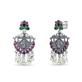 925 Sterling Silver Earrings for women with oxidised finish, Rubies and emerald embedded in a fine silver pattern with a dancing figure in cemtre. Pearl drops hanging completes the look.