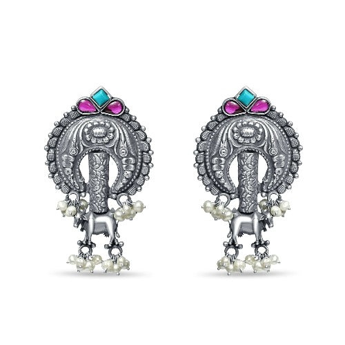 925 Sterling Silver Earrings for women with floral patterns and Cow motiff. Ruby, turquoise and pearls are embedded beautifully