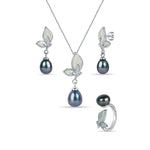 3-piece set for women features flying butterfly studded with mother of pearl and zirconia. Hanging a beautiful black pearl drop 