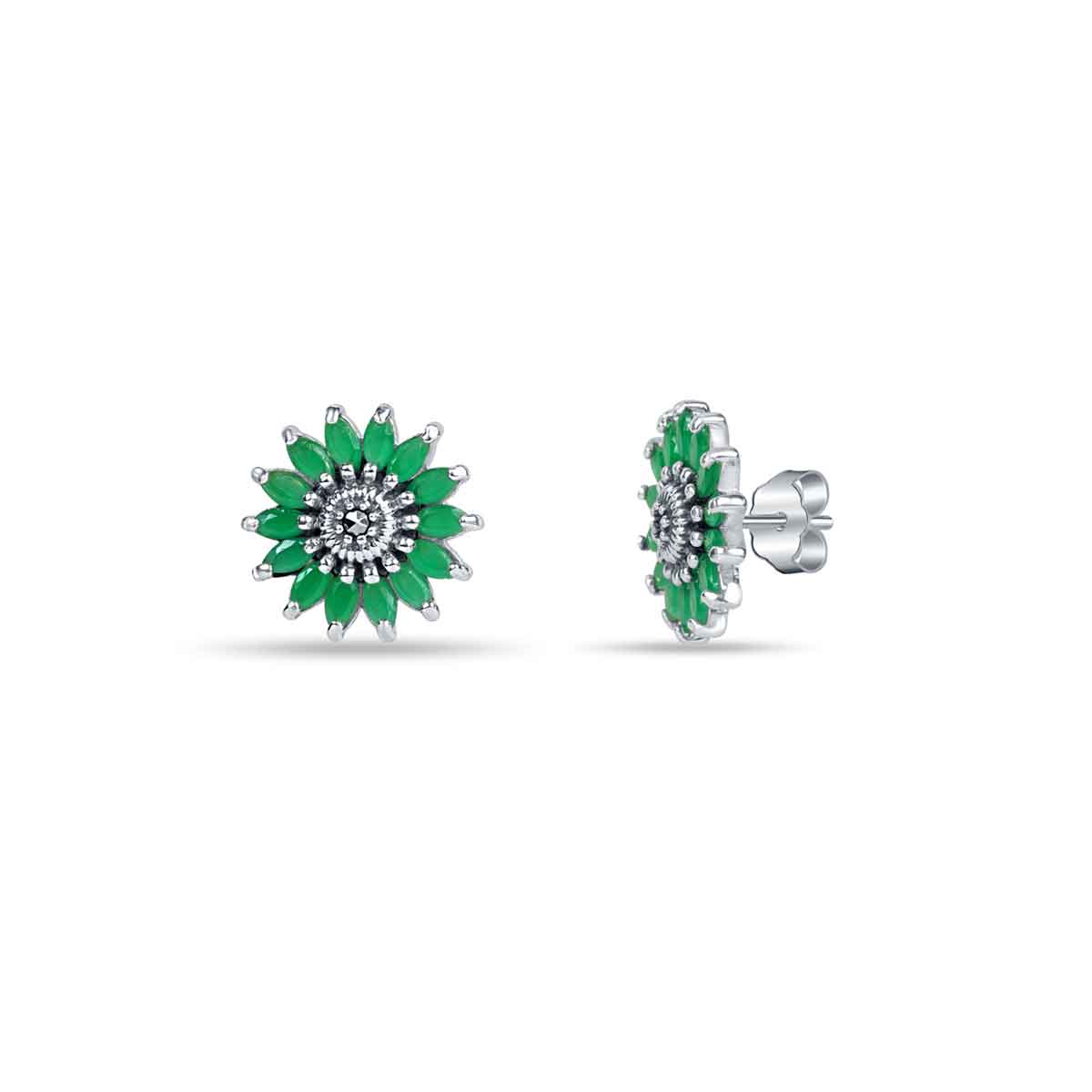 925 sterling silver studs with emerald, and maracsite stone. Oxidised finish studs features green color is perfect for everyday.flowers 