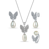 Sparkly Butterfly 925 Sterling Silver 3-piece Sets for Women with White Pearl