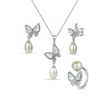 White Gliding Butterfly 925 Sterling Silver 3-piece Sets for Women with White Hanging Pearl
