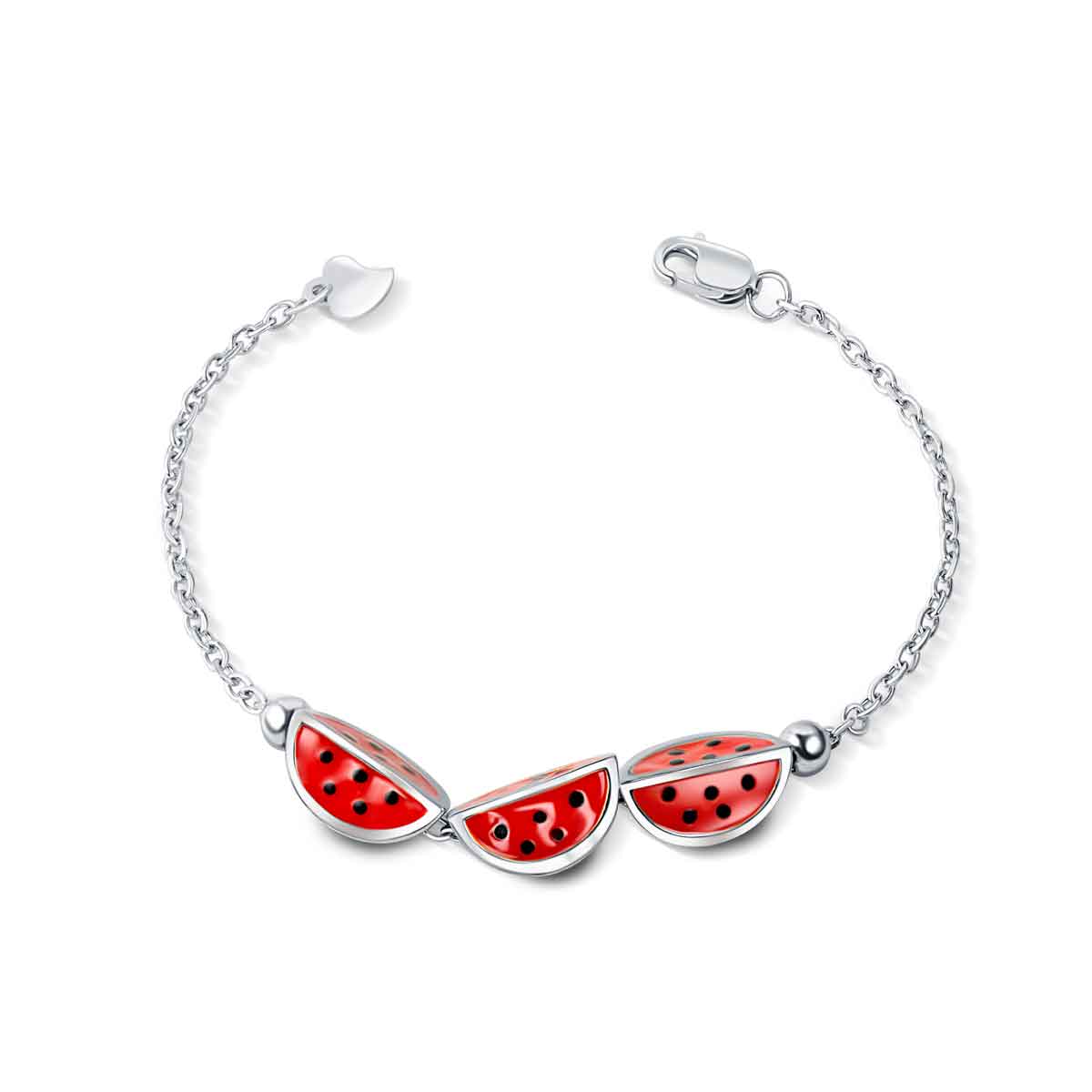 This Yummy Watermelon Sterling Silver Bracelet is crafted with 925 sterling silver for a durable and high-quality accessory for your baby. Its delicate design and charming watermelon details make it a perfect addition to any outfit. Give your little one a stylish and safe bracelet to wear.