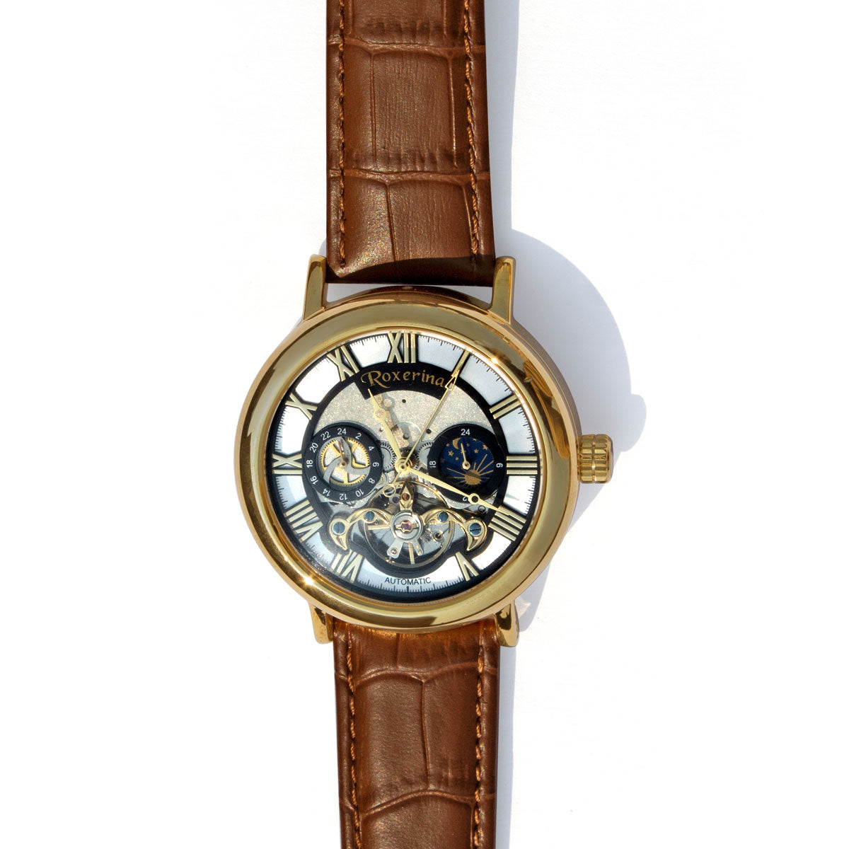 Raajraani VANTORO Automatic Watch for Men | Brown Leather Strap & Gold Tone Case