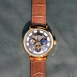 Raajraani VANTORO Automatic Watch for Men | Brown Leather Strap & Gold Tone Case