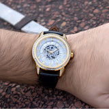 AURELION Automatic Watch for Men | Black Leather Strap & Gold Tone Case