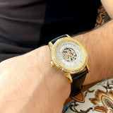AURELION Automatic Watch for Men | Black Leather Strap & Gold Tone Case