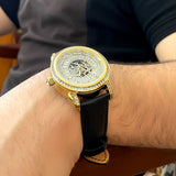 AURELION Automatic Watch for Men | Black Leather Strap & Gold Tone Case