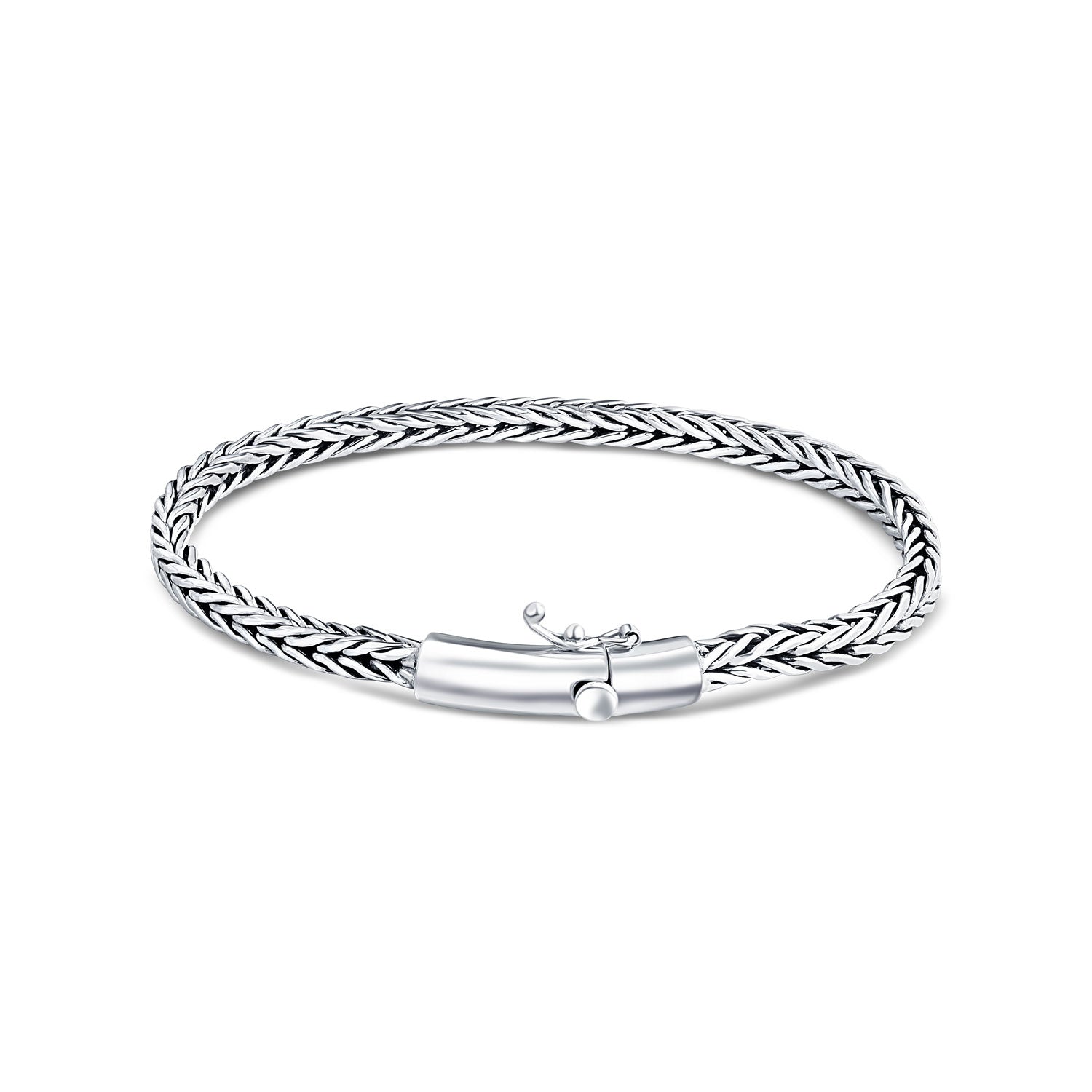 Compassionate wide sterling silver bracelet for men with braided wheat-style chain and oxidised finish
